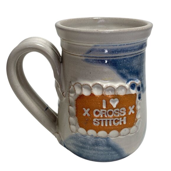 Studio Art Pottery Mug I Love Cross Stitch Studio B Artist Signed Red Clay - Picture 1 of 9